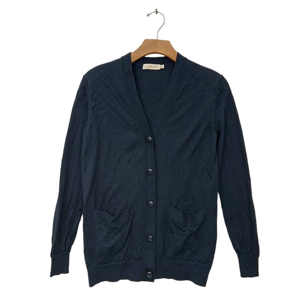 Tory Burch Cardigan Sweater Womens Small Navy Merino Wool Button Up Knitted